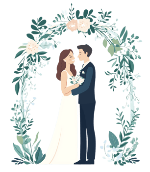 Bride and groom embracing, floral wedding arch png