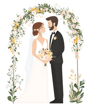 A cartoon wedding couple standing under an arch of flowers png