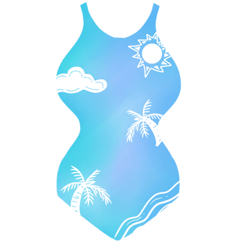 Blue one-piece swimsuit with coconut tree pattern, summer beach png