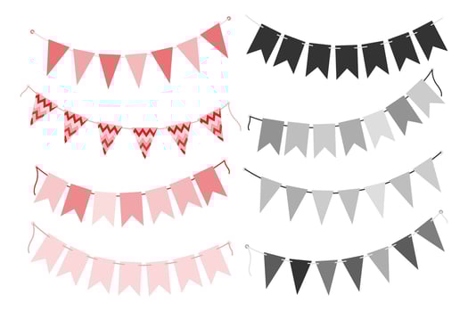 Festive pennant garland on rope in grayscale and monochrome pink St Valentine or Black Day elements. Isolated illustration Thematic cards, posting, blog or web promo, banner, labels, price tag vector