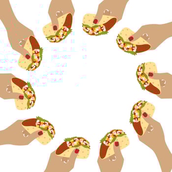 Female hands hold taco meat and vegetable fill Abstract Circular Frame Copy space Template concept. Isolated illustration Traditional Mexican cuisine or menu cards, web promo leaflet, price tag vector