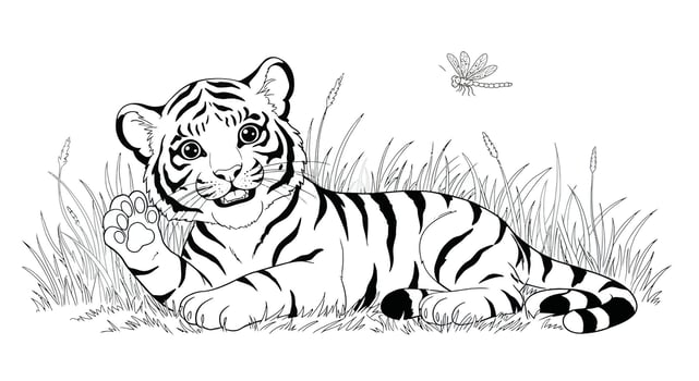 A coloring page with a tiger laying in the grass vector