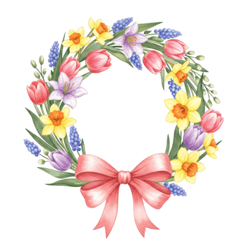 Beautiful Spring Floral Wreath Watercolor Design Pink Bow art tulips lilies circle nature Easter png