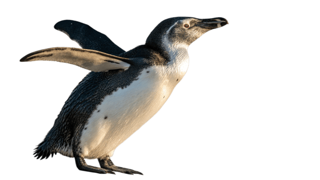 Penguin with wings outstretched on a transparent background, captured in natural light png