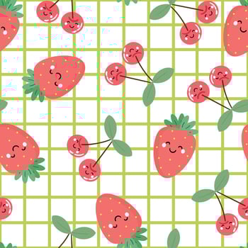 Seamless pattern with cute cartoon strawberries and cherry, for fabric prints, textiles, colorful gift wrapping paper for children, flat style vector
