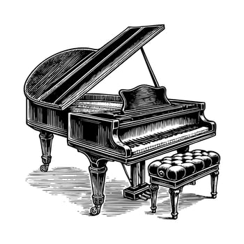 Grand piano engraving black and white outline. Scratch board imitation. illustrated in vintage line art style on a white background. vector