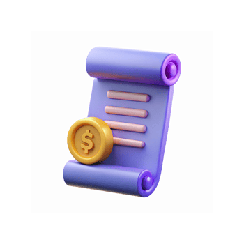 3D Purple Scroll Document with Gold Dollar Coin for Finance and Business Concepts png