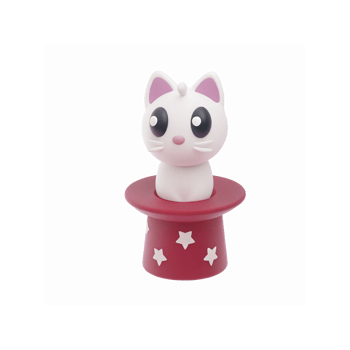 Cute White Cartoon Cat Figurine In Red Star Patterned Magic Hat Playful Toy Design png