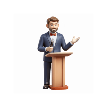 3D Cartoon Speaker in Suit with Microphone Giving Speech at Podium for Business Presentation png