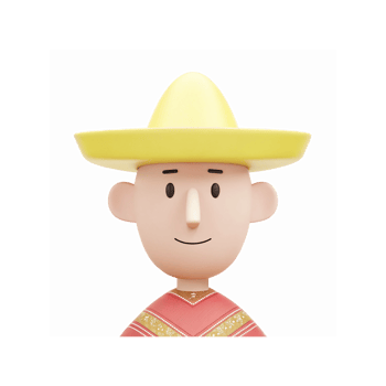 Smiling Minimalist Cartoon Character Wearing Yellow Hat and Poncho with Red and Gold Patterns png