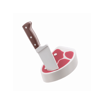 Butcher Knife Embedded in Raw Red Meat Slice with White Fat Marbling for Food Preparation Concept png