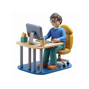 3D Illustration of Person Working at Computer Desk with Yellow Chair and Blue Outfit png