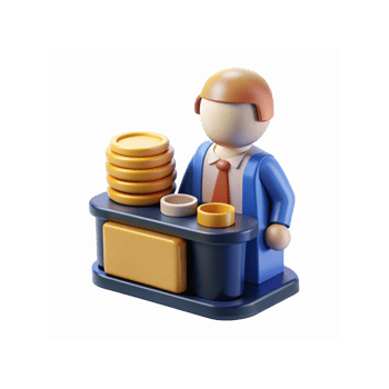 Businessman Character Illustration Managing Coins at Desk for Finance and Investment Concepts png