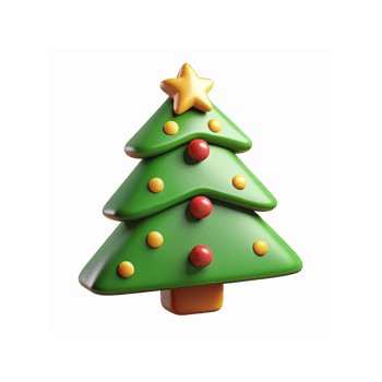 3D Green Christmas Tree with Yellow Star and Decorative Red Yellow Ornaments for Festive Celebrations png