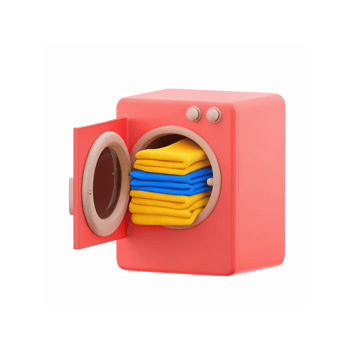 Red Washing Machine with Folded Yellow and Blue Laundry on Transparent Background png