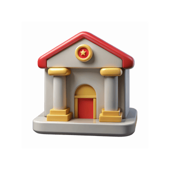3D Illustration of Bank Building Icon with Red Roof Golden Columns and Star Emblem on White Background png