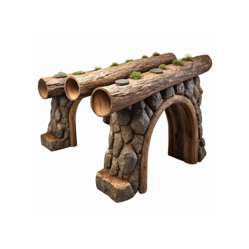 Rustic Wooden Log Bridge with Stone Base and Green Moss for Garden Landscaping Decor png
