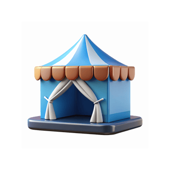 Blue and White Tent Icon with Brown Trim and Curtains on a Transparent Background for Event Design Concepts png