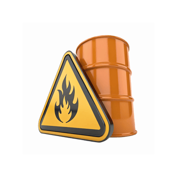 Yellow Fire Hazard Warning Sign with Orange Barrel Symbolizing Flammable Materials Safety png
