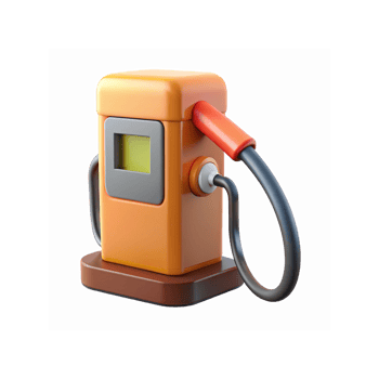 Retro orange and red gasoline pump design with yellow screen and black hose on transparent background png