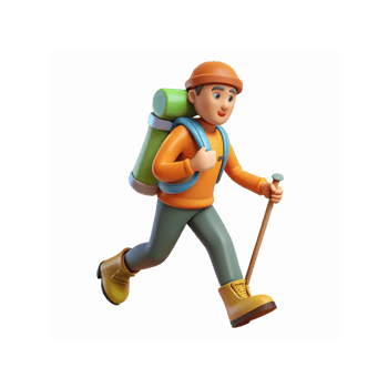 Cartoon Male Backpacker in Orange Outfit Hiking with Stick and Green Backpack on Transparent Background png