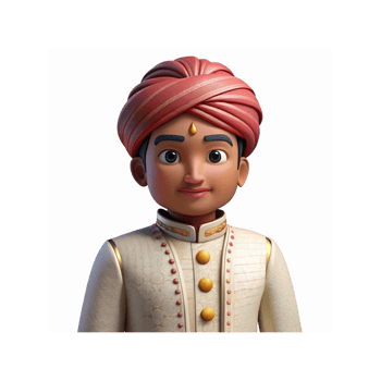 Young Male Character in Traditional Cream Outfit with Red Turban and Gold Details on Transparent Background png