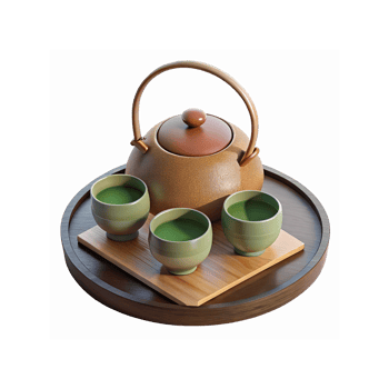Traditional Brown Teapot With Handle and Three Green Tea Cups on Bamboo Tray and Wooden Round Base png
