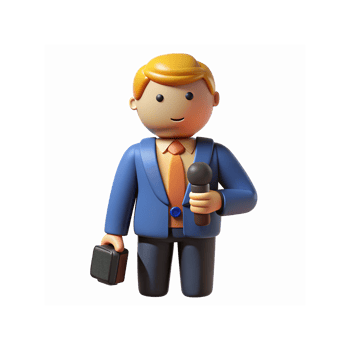 3D Illustration of Smiling Reporter Holding Microphone and Briefcase in Blue Suit and Orange Tie png