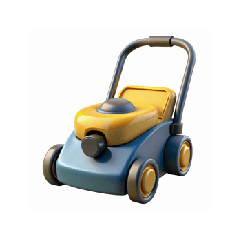 Blue and Yellow Toy Lawn Mower with Wheels and Handle Isolated on Transparent Background for Kids Play png