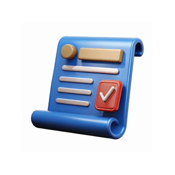 3D Blue Scroll Document Icon with Red Checkmark and Gold Button on Transparent Background for Applications png