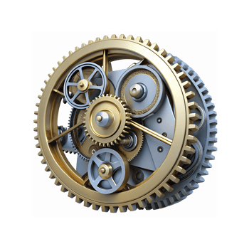 Closeup of Interlocking Golden and Silver Gear Mechanism Showing Engineering Precision and Metal Texture png