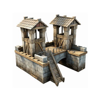 Medieval Wooden and Stone Guard Tower with Bridge Architectural Design for Fantasy Games and History Projects png