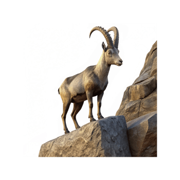 Wild Mountain Goat with Curved Horns Standing on Rock Cliff in Natural Habitat png