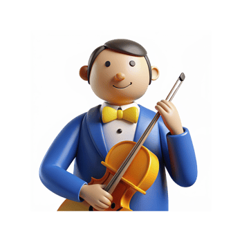3D Cartoon Character Playing Violin in Blue Suit and Yellow Bow Tie Smiling Musician Illustration png