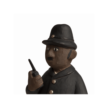 Clay Figurine of Police Officer Holding Walkie Talkie in Black Uniform with Buttoned Coat png