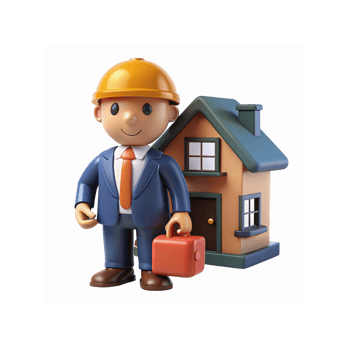 Smiling Construction Worker in Suit with Orange Hardhat Carrying Briefcase Standing Beside Model House png