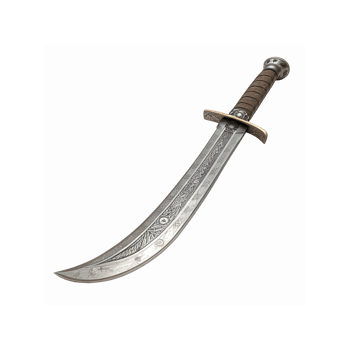 Ornate Curved Metal Sword with Detailed Engravings and Brown Leather Handle for Medieval Themes png