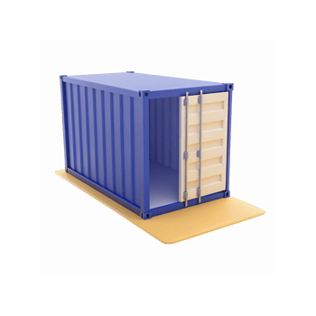Open Blue Shipping Container with Beige Doors on Yellow Platform for Storage and Transportation png