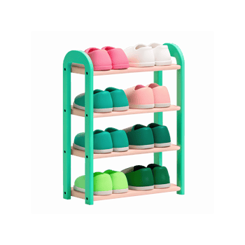 Multi Tier Shoe Rack With Green And Pink Shoes On Shelves For Home Organization And Storage png