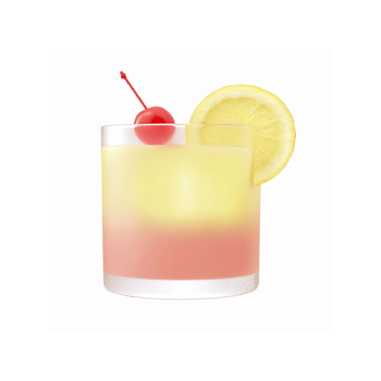 Refreshing Two-Tone Citrus Pink Cocktail with Lemon Slice and Cherry Garnish in Clear Glass png