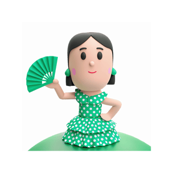 Cartoon Woman in Green Polka Dot Dress Holding Folding Fan with Confident Pose on Transparent Background png