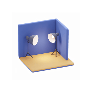 Minimal 3D Setup with Blue Background and Lighting Equipment on Wooden Surface for Studio png
