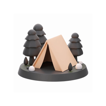 Minimalist Camping Tent Scene with Trees and Rocks in Soft Tones on Transparent Background png