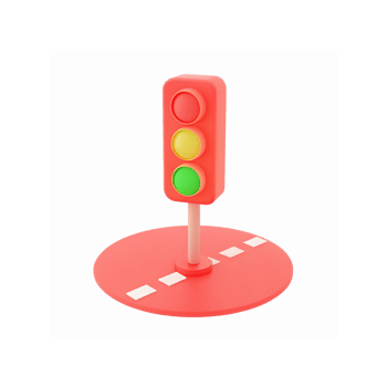 Red 3D Traffic Light with Green Yellow and Red Signals on Circular Pedestal for Road Safety Education png