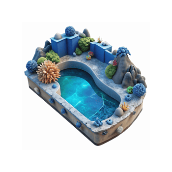 Aquatic Themed Terrarium with Vibrant Coral and Pool Surrounded by Rocks and Lush Greenery png