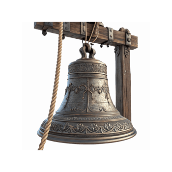 Antique Bronze Church Bell with Ornate Carvings Hanging on Wooden Frame and Thick Rope Detail png