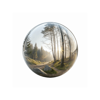 Forest Path with Sunlight Through Tall Pine Trees in Glass Sphere for Nature and Outdoors Concept png