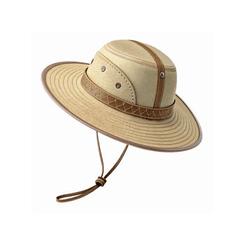Beige Wide Brim Outdoor Safari Hat with Brown Leather Details and Chin Strap for Sun Protection png