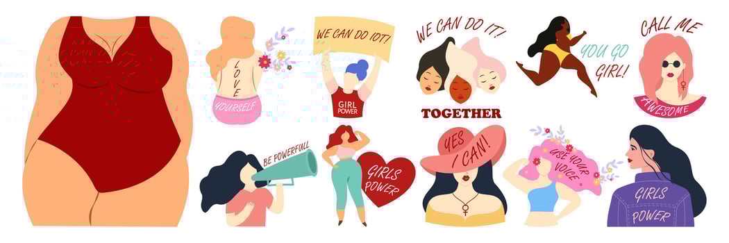 International Womens Day Empowerment Set. Love and Strength. Strong woman. Girl Power. vector