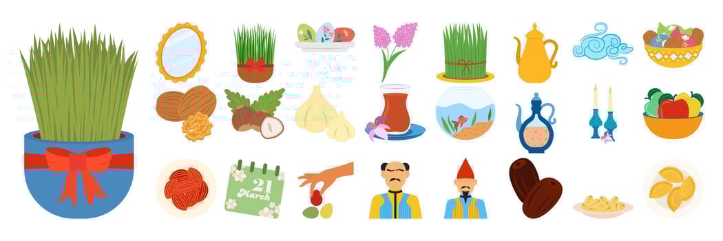 Nowruz Traditions, Characters, and Symbols Flat Illustration. Celebration Foods set vector